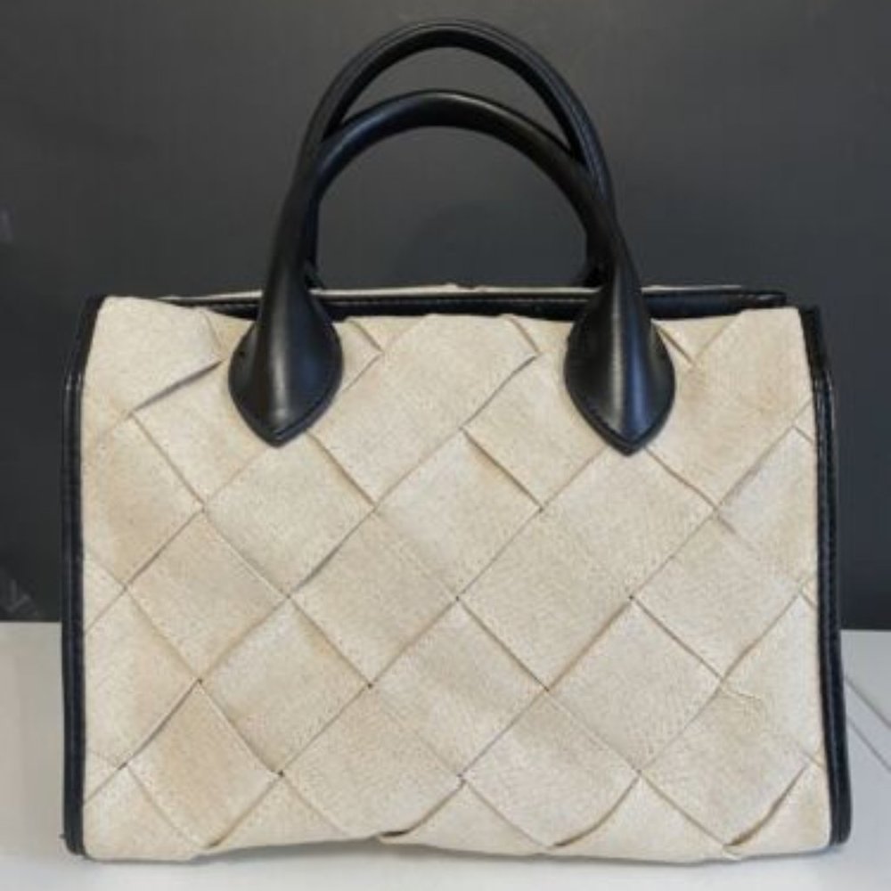 Just Fab Beige Canvas Weave Purse Black Handles Animal Print Medium Size